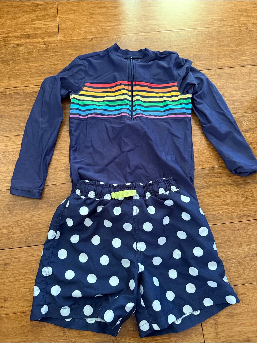 Primary Navy Rash Guard Set with Rainbow Stripes and Polka Dot Swim Shorts